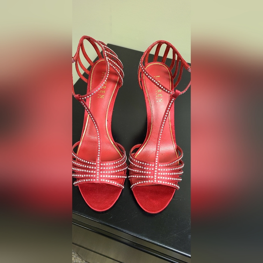 Ralph Lauren red satin & rhinestone heels
